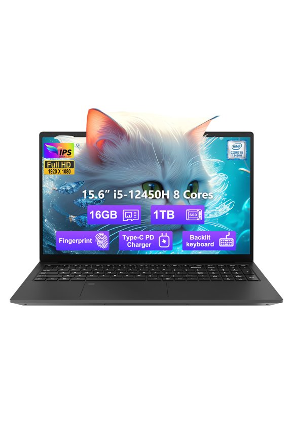 15.6 inch FHD Laptop,16GB RAM 1TB SSD 8 cores Intel i5-12450H(Beat AMD R5 5500U,up to 4.4 GHz) Student-Laptop,Computer with Backlit Keyboard Fingerprint 2 Years Warranty,Black