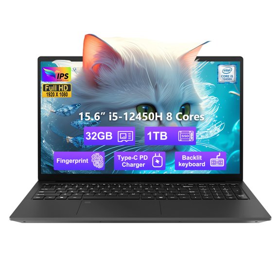 15.6 inch FHD Laptop,16GB RAM 1TB SSD 8 cores Intel i5-12450H(Beat AMD R5 5500U,up to 4.4 GHz) Student-Laptop,Computer with Backlit Keyboard Fingerprint 2 Years Warranty,Black