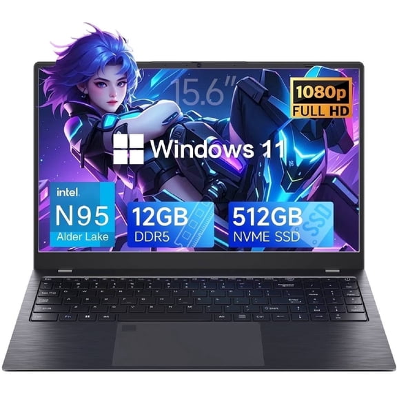 Akocrsiy 15.6" Laptop Computer, 12GB RAM 512GB SSD, FHD Display with Intel N95 (up to 3.4GHz) with Microsoft Office, Windows 11 Pro Laptop, Fingerprint, Black