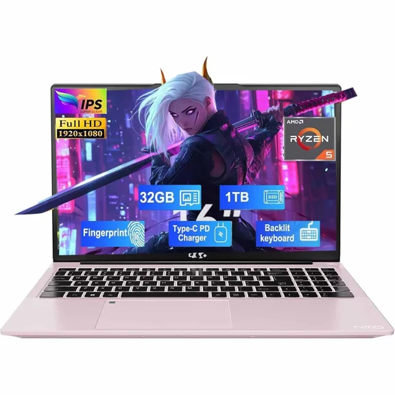 15.6 inch Laptop FHD 32GB RAM 1TB SSD, AMD Ryzen 5(Beat i5-1135G7, 4 Cores Up to 3.7GHz), 65W Type-C, 2 Years Warranty, Fingerprint, Backlit Keyboard, Wi-Fi 5, BT5.2