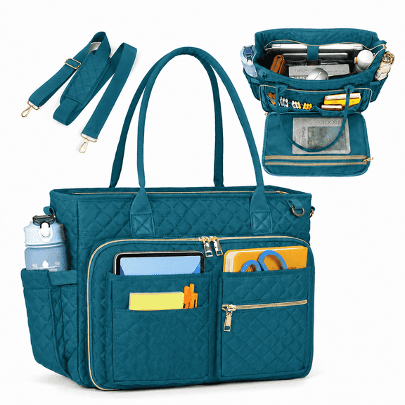 Women Laptop Bag, 15.6 Inch Quilted Teacher Tote Bag, Large Capacity Multi Pocket Work Bags for Women, Insulated Side Pockets Carry On Travel Laptop Handbag with Detachable Shoulder Strap,Green