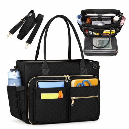 Women Laptop Bag, 15.6 Inch Quilted Teacher Tote Bag, Large Capacity Multi Pocket Work Bags for Women, Insulated Side Pockets Carry On Travel Laptop Handbag with Detachable Shoulder Strap,Black