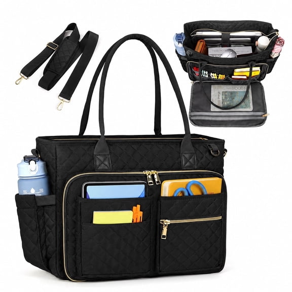 Women Laptop Bag, 15.6 Inch Quilted Teacher Tote Bag, Large Capacity Multi Pocket Work Bags for Women, Insulated Side Pockets Carry On Travel Laptop Handbag with Detachable Shoulder Strap,Black