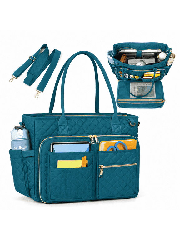 Women Laptop Bag, 15.6 Inch Quilted Teacher Tote Bag, Large Capacity Multi Pocket Work Bags for Women, Insulated Side Pockets Carry On Travel Laptop Handbag with Detachable Shoulder Strap,Green