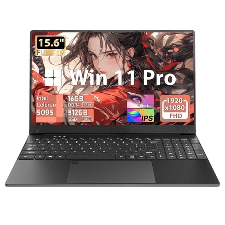 Fsjun 15.6" Laptop Computer, FHD IPS Display, Celeron N5095 (Up to 2.9GHz), 16GB DDR4 RAM, 512GB SSD, (Win 11 Pro), Backlit Keyboard, Mini HDMI, WiFi, Portable PC for Work & Study, Black