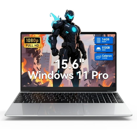 15.6 inch Windows 11 Pro Laptop, Intel N100 Quad-Core, 16GB RAM, 512GB SSD, Full HD IPS Display, Space Gray