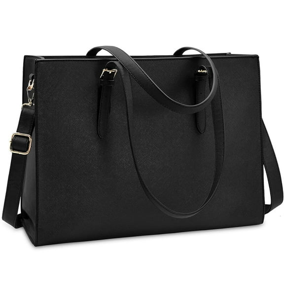 15.6-inch laptop bag for women, leather large capacity handbag, shoulder bag, tote bag(Black)