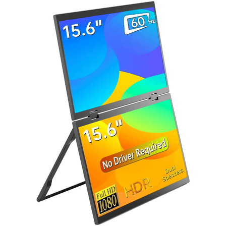 15.6” 1080P FHD Dual Portable Monitor, IPS Display with HDR Support, 60Hz Portable Screen Extender, Foldable Travel Monitor with Power Adapter, Plug & Play USB-C/HDMI