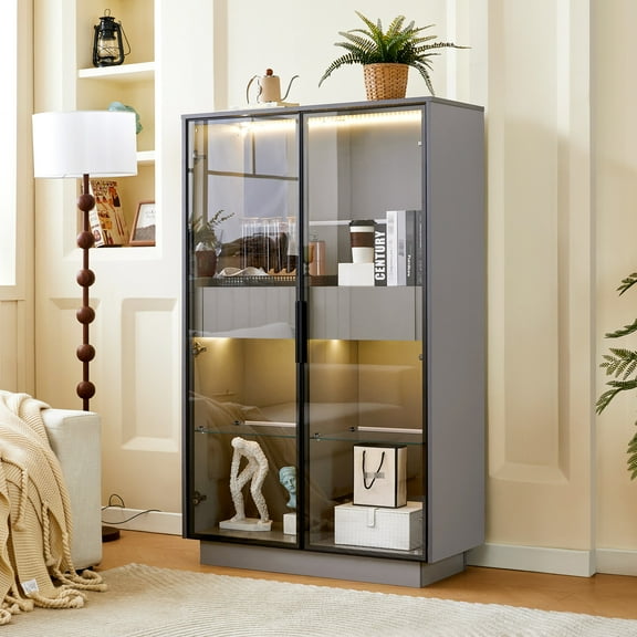 15.60 in Wide, Grey - Adjustable Tempered Glass Shelves - Study Space / Customize Storage for Collections