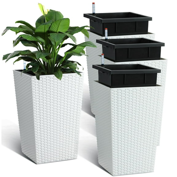 15.6inch Tall Self Watering Plant Pot Set of 4, Large Indoor Plant Pot, with Drainage Holes&Water Level Monitor &Inner Bucket