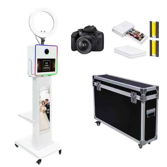 15.6inch Touch Screen DSLR Photo Booth Machine with 29inch LCD Display Selfie PhotoBooth Machine with RGB Light and Ring Light for Birthday Party Events