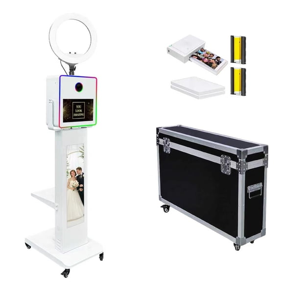 15.6inch Touch Screen DSLR Photo Booth Machine with 29inch LCD Display Selfie PhotoBooth Machine with RGB Light and Ring Light for Birthday Party Events
