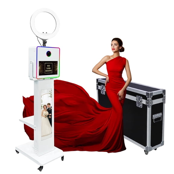 15.6inch Touch Screen DSLR Photo Booth Machine with 29inch LCD Display Selfie PhotoBooth Machine with RGB Light and Ring Light for Birthday Party Events