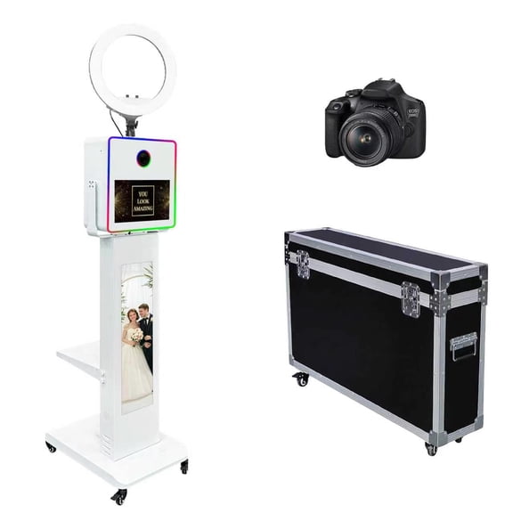 15.6inch Touch Screen DSLR Photo Booth Machine with 29inch LCD Display Selfie PhotoBooth Machine with RGB Light and Ring Light for Birthday Party Events