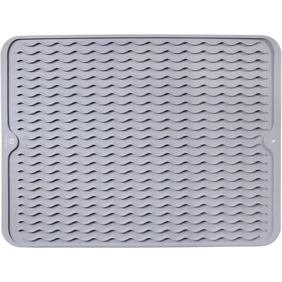15.7*11.8 inches Silicone Dish Drying Mat for Kitchen Counter, Heat Resistant, Non-Slip Design, Quick Dry, Easy Clean, Raised Edge Holds Water, BPA Free, Food Grade Silicone- Gray
