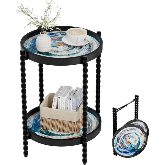 15.7" 2-Tier Decorative Round Wood Tray with Foldable Metal Legs, Convertible Side Table