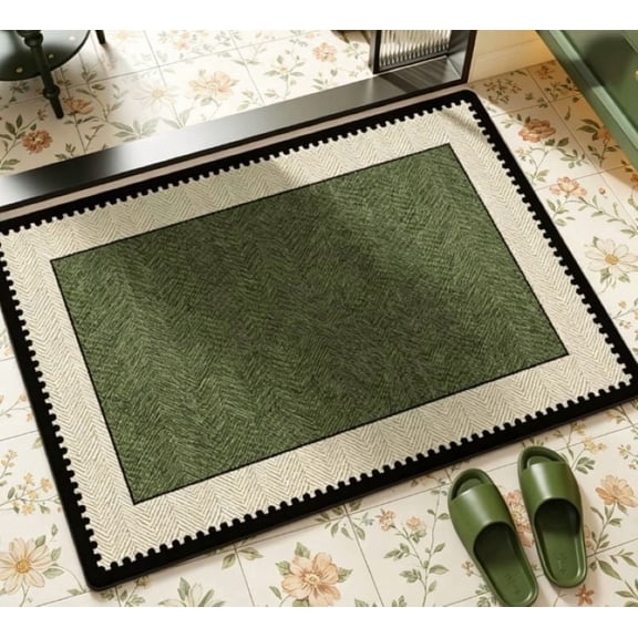 15.7×23.6 Inch Mid-Century Green Absorbent Bathroom Rug, Non-Slip Diatom Mud Floor Mat with Scalloped Border for Entryway, Kitchen and Indoor Use(B)