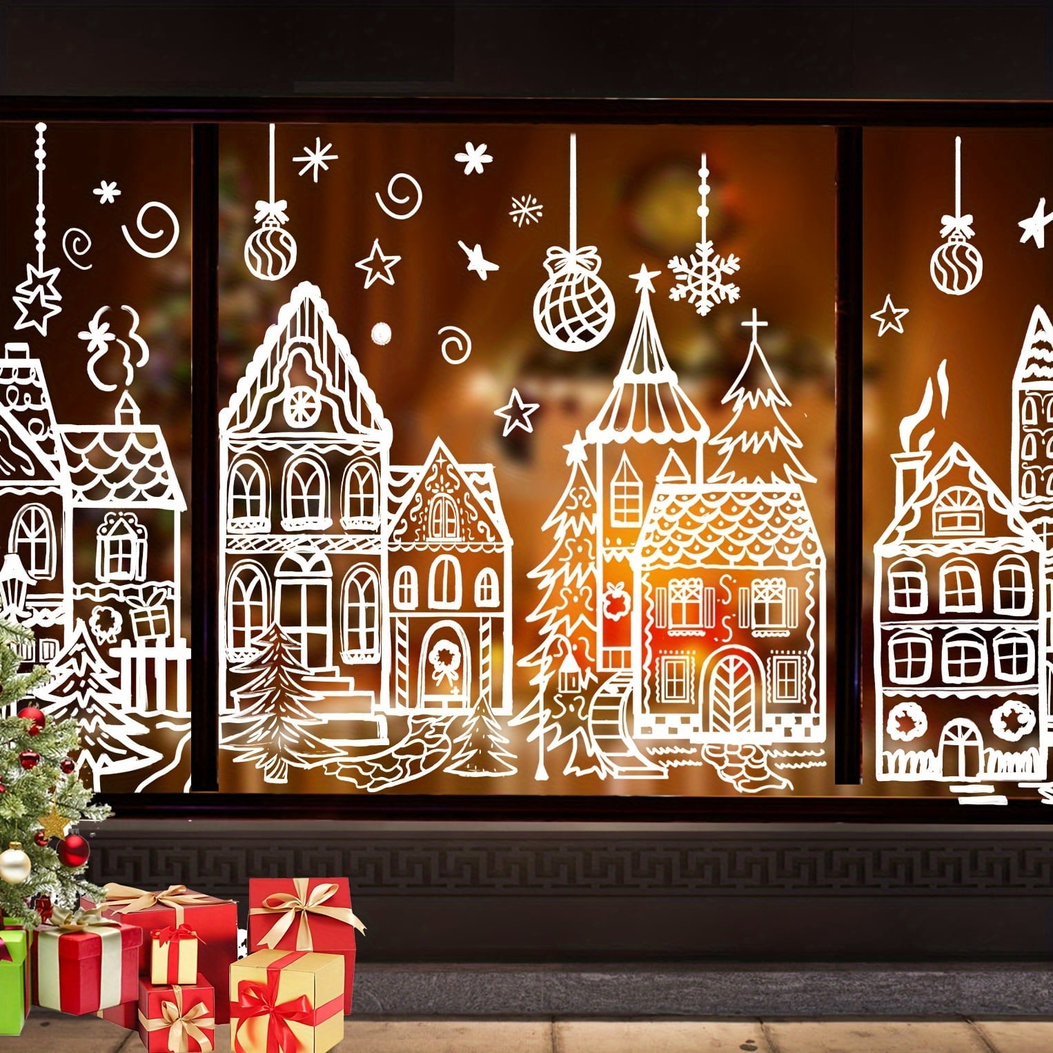 15.7 * 27.5'' Large Christmas Window Stickers 4 Sheets White House Xmas Window Clings Snowman Snowflake Double-Sided Window Decals for Christmas Holiday Party Ornament