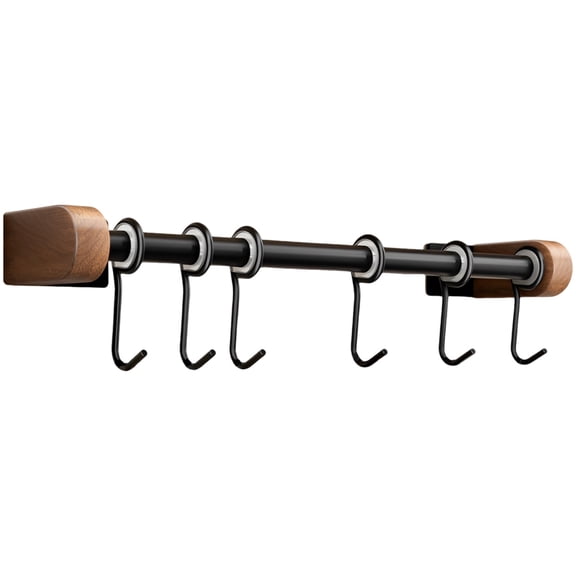15.7 in / 40 cm Walnut Wood Kitchen Utensil Holder Hanger, Pot and Pan Rack Wall Mount with 6 Hooks, 360 Rotating Kitchen Rail, Space-Saving Black Kitchen Rail Organizer