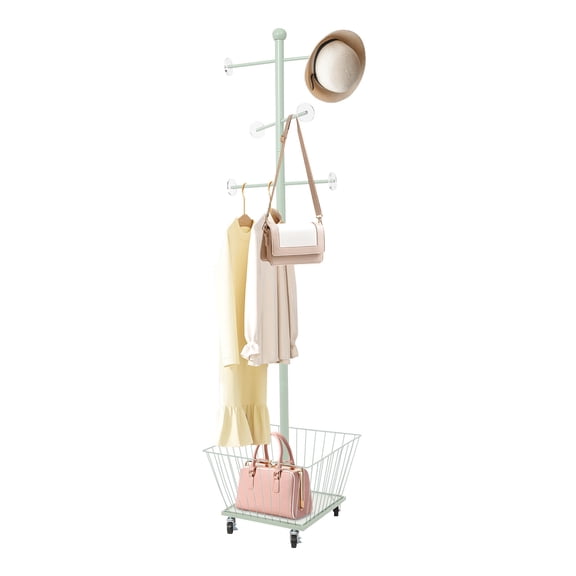 15.7*66in Movable Clothing Rack Metal Coat Rack Tree W/ Storage Basket & 6 Rods