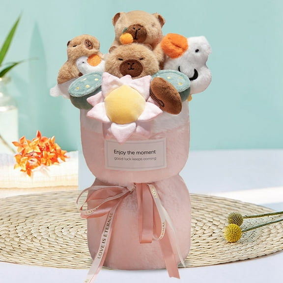 15.7" Capybara Plush Bouquet, Kawaii Pink Stuffed Animal Flower Gift, Funny Kapibara Doll Toy for Valentine's Day Birthday, Creative Surprise Present for Girlfriend Daughter (Pink)