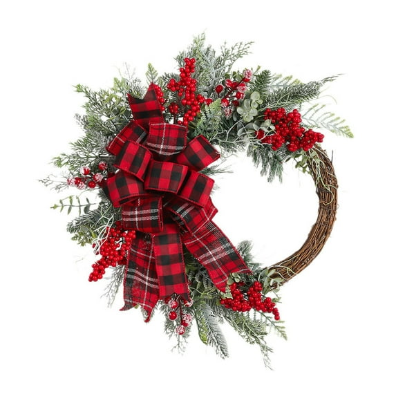 15.7" Christmas Winter Half Wreaths for Front Door, Artificial Winter Wreath with Red Plaid Bow Berries Pinecones Flocked Cedar Wreaths with Hook for Windows Wall Christmas Decorations Indoor Outdoor