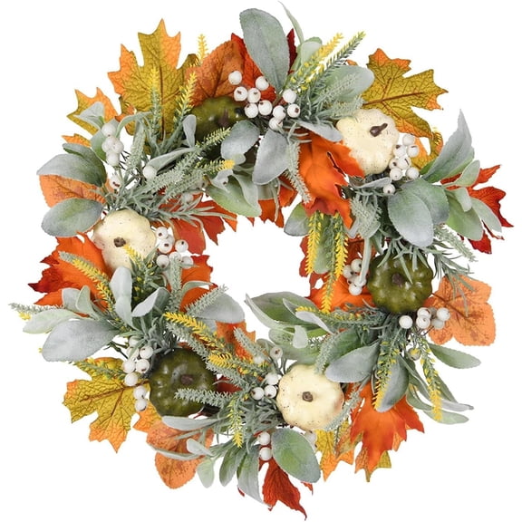 15.7" Fall Wreath for Front Door - Autumn Pumpkin Wreath with Lamb's Ear, Berries & Mixed Leaves for Farmhouse Porch, Thanksgiving, and Harvest Home Decor