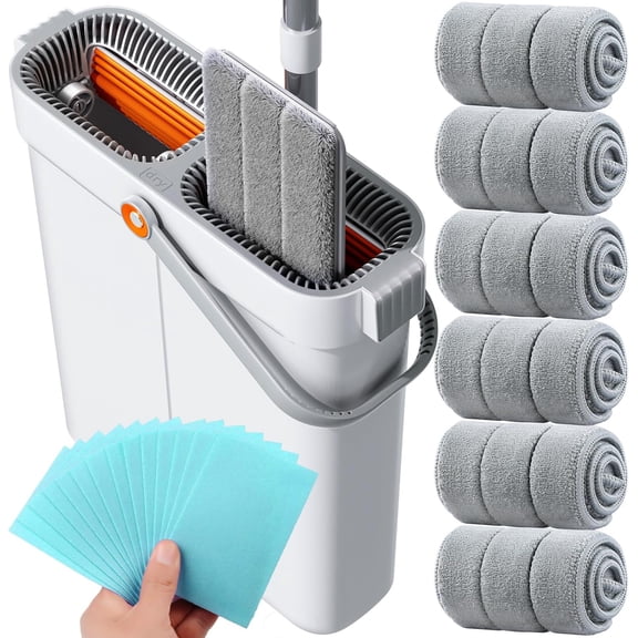 15.7" Flat Mop and Bucket Set with Wringer System | Wet Dry Floor Mop, 6 Reusable Microfiber Pads for Home, Tiny Home, Safe for Hardwood, Tile, Wall & Window Cleaning