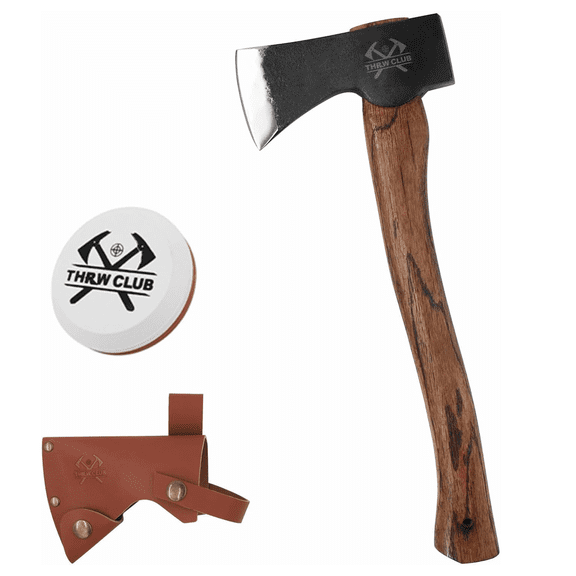 THRWCLUB 15.7" Hand Forged Hatchet, 1065 Carbon Steel Camping Axe with Sheath & Sharpener, Bushcraft Tool