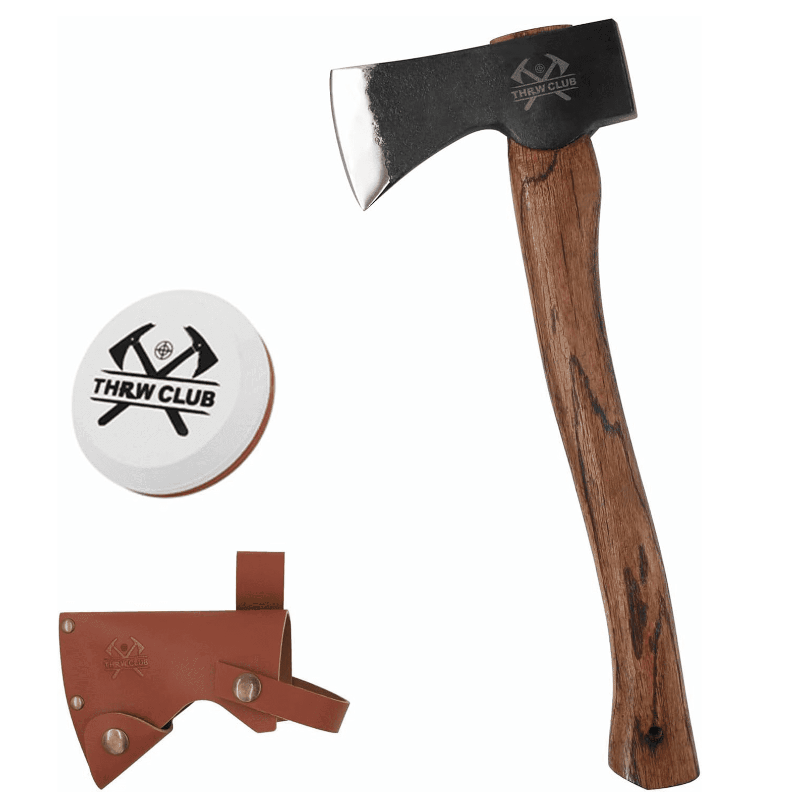 THRWCLUB 15.7" Camping Hatchet, Hand Forged 1065 Carbon Steel Wood Axe with Wooden Handle, Bushcraft Camp Axe with Sheath & Sharpener