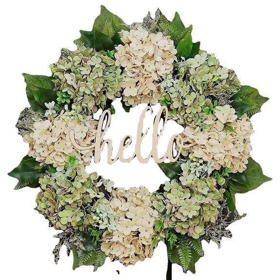 15.7" Hydrangeas Spring Wreath for Front Door, Artificial Summer Green Wreaths with White Flowers for Farmhouse Home Wedding Party Wall Windows Outdoor Decor