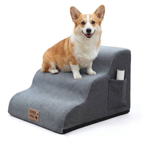 15.7 Inch 3-Step Non-Slip Foam Pet Stairs with Storage Pocket and Washable Cover, Dog Ramp for Small Dogs and Cats