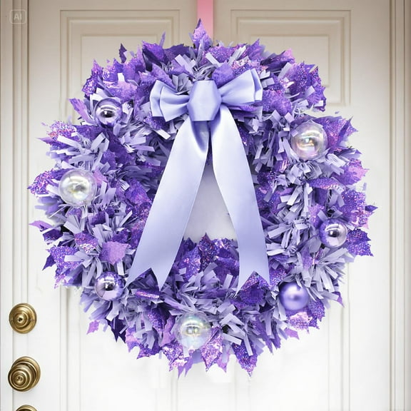 15.7 Inch Artificial Christmas Wreath for Front Door Purple Flocked Xmas Wreath with Balls and Ribbon Bow Christmas Hanging Decorations for Wall Indoor Outdoor Home Window Decor