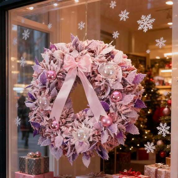 15.7 Inch Artificial Christmas Wreath for Front Door Purple Flocked Xmas Wreath with Balls and Ribbon Bow Christmas Hanging Decorations for Wall Indoor Outdoor Home Window Decor