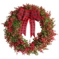 thumbnail image 1 of 15.7 Inch Artificial Eucalyptus Boxwood Wreath with Plaid Bowknot, Mini Grapevine Farmhouse Wreath for Front Door - Spring Christmas Wall Window Party Home Indoor Decor, 1 of 5