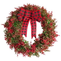 15.7 Inch Artificial Eucalyptus Boxwood Wreath with Plaid Bowknot, Mini Grapevine Farmhouse Wreath for Front Door - Spring Christmas Wall Window Party Home Indoor Decor