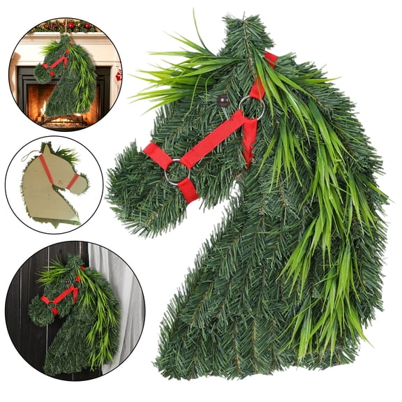 15.7 Inch Artificial Horse Head Christmas Wreath with Red Harness, Evergreen Pine Front Door Wall Hanging Decor for Holiday Farm Style