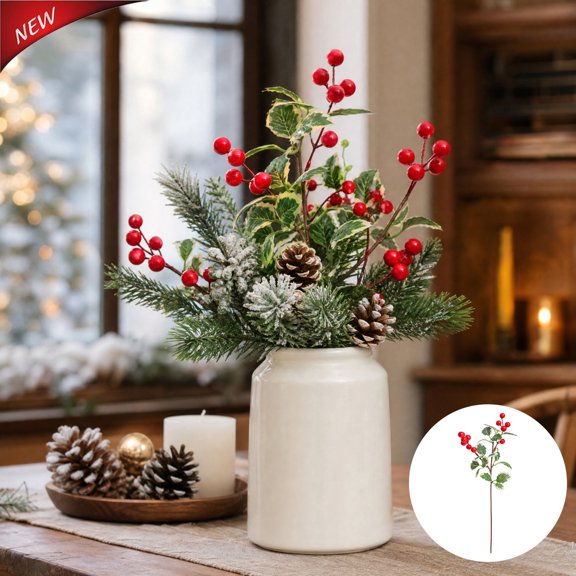 15.7 Inch Artificial Plastic Frosted Red Berry Pine Picks, Vase Filler Stems with Pine Cones Variegated Leaves, Farmhouse Rustic Table Mantel Entryway Christmas Indoor Outdoor Winter Home Decor