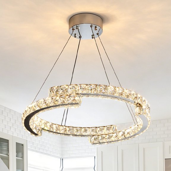 15.7 Inch C-Shape Ring Round K9 Crystal Chandelier, 3 Color Temperature Dimmable Hanging Lamp, Modern Irregular Curved Circular Crystal Light for Kitchen Island Dining Room Bedroom Living Room