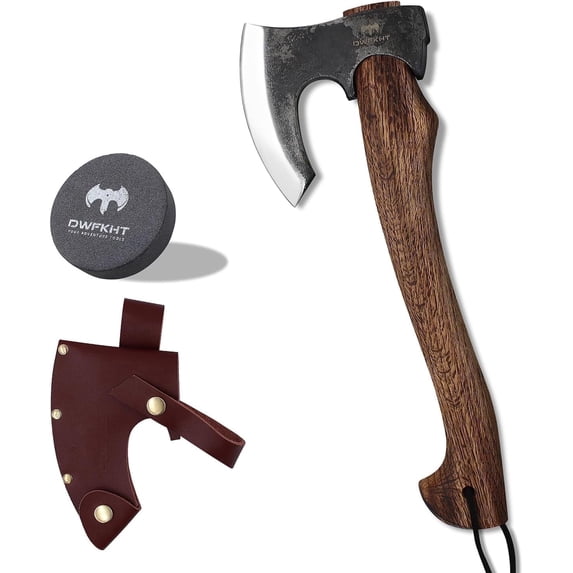 DWFKHT 15.7" Camping Hatchet Axe with Sheath, 1065 Steel Bushcraft Tool for Wood Chopping & Outdoors