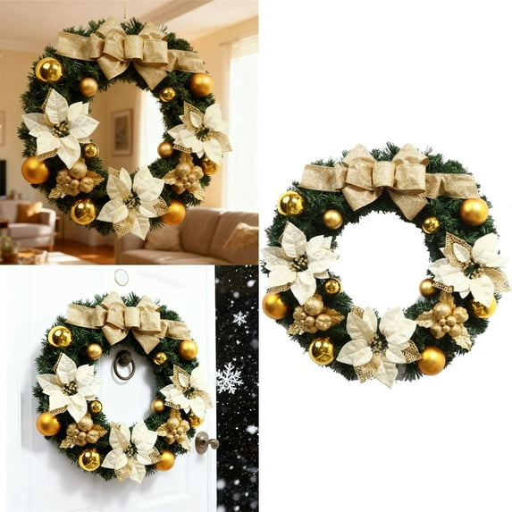 15.7 Inch Christmas Wreath for Front Door, Artificial Poinsettia Wreath with Red Berry Pine Cone & Ball Ornaments, Indoor Outdoor Xmas Holiday Door Wall Decorations