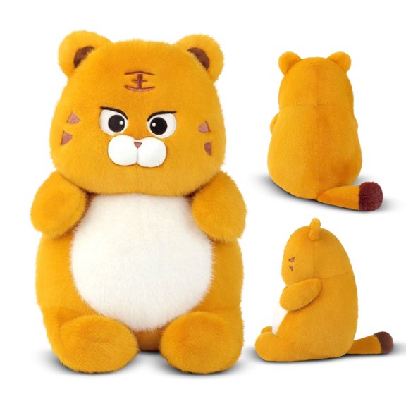 15.7-Inch Chubby Tiger Plush Doll, Round Feline Stuffed Animal with King Mark, Soft Hugging Pillow, Decorative Zodiac Animal Gift for Home and Office