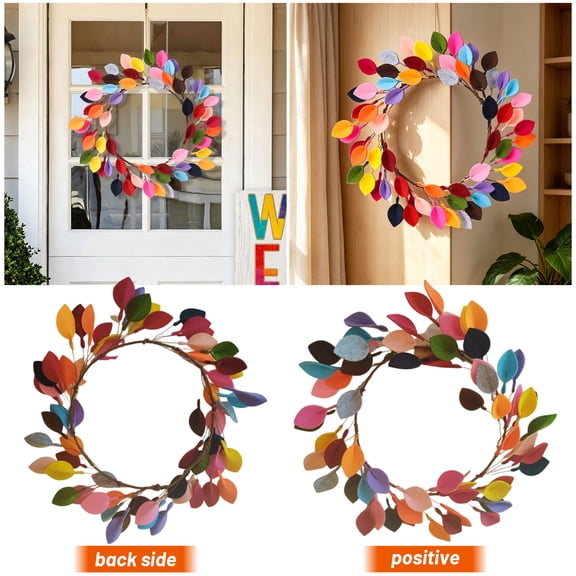 15.7 Inch Colorful Felt Leaf Wreath, Handmade Rainbow Fabric Leaf Front Door Wreath for Spring Summer All Season Home Wall Decor