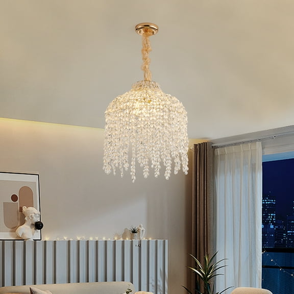 15.7 Inch Crystal Chandelier, Adjustable Height Pendant Light with Grape-Shaped Crystal Bead Strings, Modern Ceiling Hanging Lamp Fixture for Living Room, Bedroom, Dining Room