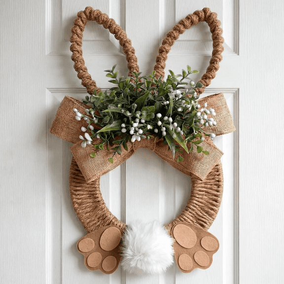 15.7 Inch Easter Bunny Wreath with Rabbit Tail Feet, Spring Artificial Flower Rabbit Rattan Wreath, Farmhouse Front Door Farmhouse Wall Home Window Decor, Easter Decorations