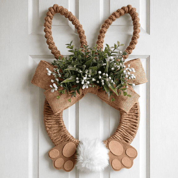 15.7 Inch Easter Bunny Wreath with Rabbit Tail Feet, Spring Artificial Flower Rabbit Rattan Wreath, Farmhouse Front Door Farmhouse Wall Home Window Decor, Easter Decorations