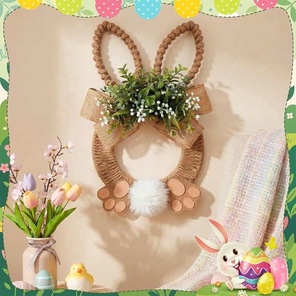 15.7 Inch Easter Bunny Wreath with Rabbit Tail Feet, Spring Artificial Flower Rabbit Rattan Wreath, Farmhouse Front Door Farmhouse Wall Home Window Decor