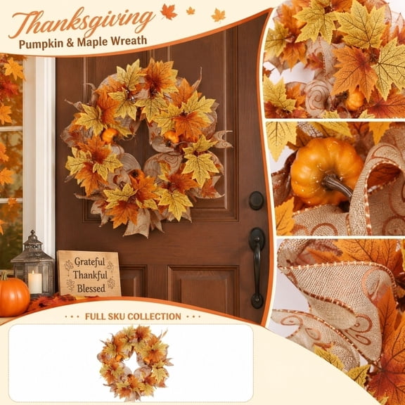 15.7 Inch Fall Maple Leaf Wreath with Mini Pumpkins & Burlap Ribbon, Artificial Autumn Harvest Front Door Wreath for Thanksgiving Home Decor
