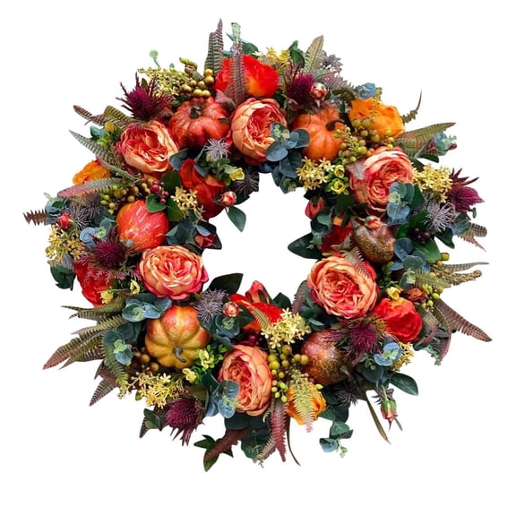 15.7 Inch Fall Peony and Pumpkin Wreath - Autumn Harvest Wreath with Berries, Pinecones, and Maple Leaves for Front Door, Thanksgiving Halloween Farmhouse Home Decor Indoor Outdoor