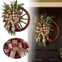 15.7 Inch Farmhouse Christmas Wreath for Front Door, Rustic Wood Wagon Wheel Design with Pine Cones, Berries and Bow, Vintage Xmas Decor for Indoor Outdoor Holiday Decorations